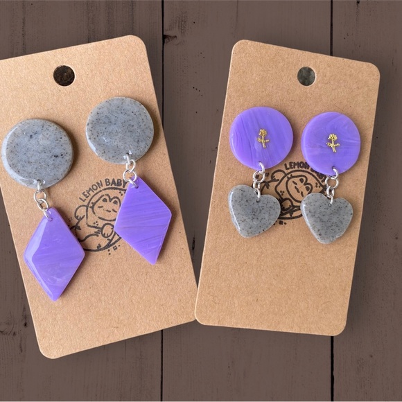 Handmade Lavender Purple and Speckled Grey Earrings - Diamond and Circle Shape - Picture 4 of 5